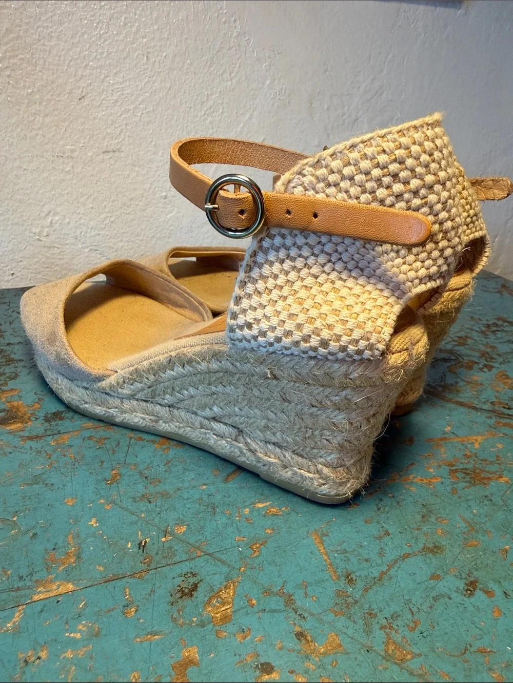 kanna Beige Espadrille Wedge Sandals with Tan Ankle Strap